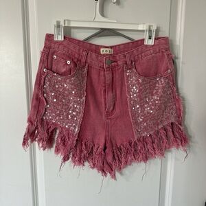 POL Pink Sequin Frayed Jean Shorts